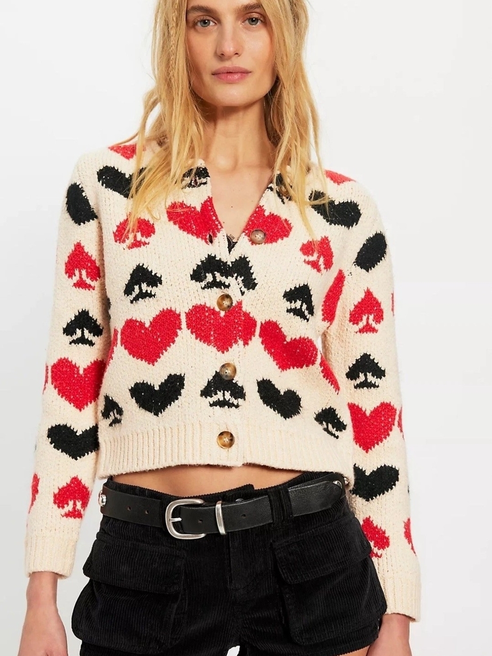 NWT Free People Queenie Heart Print Crop Button V-Neck Cardigan Knit Sweater M